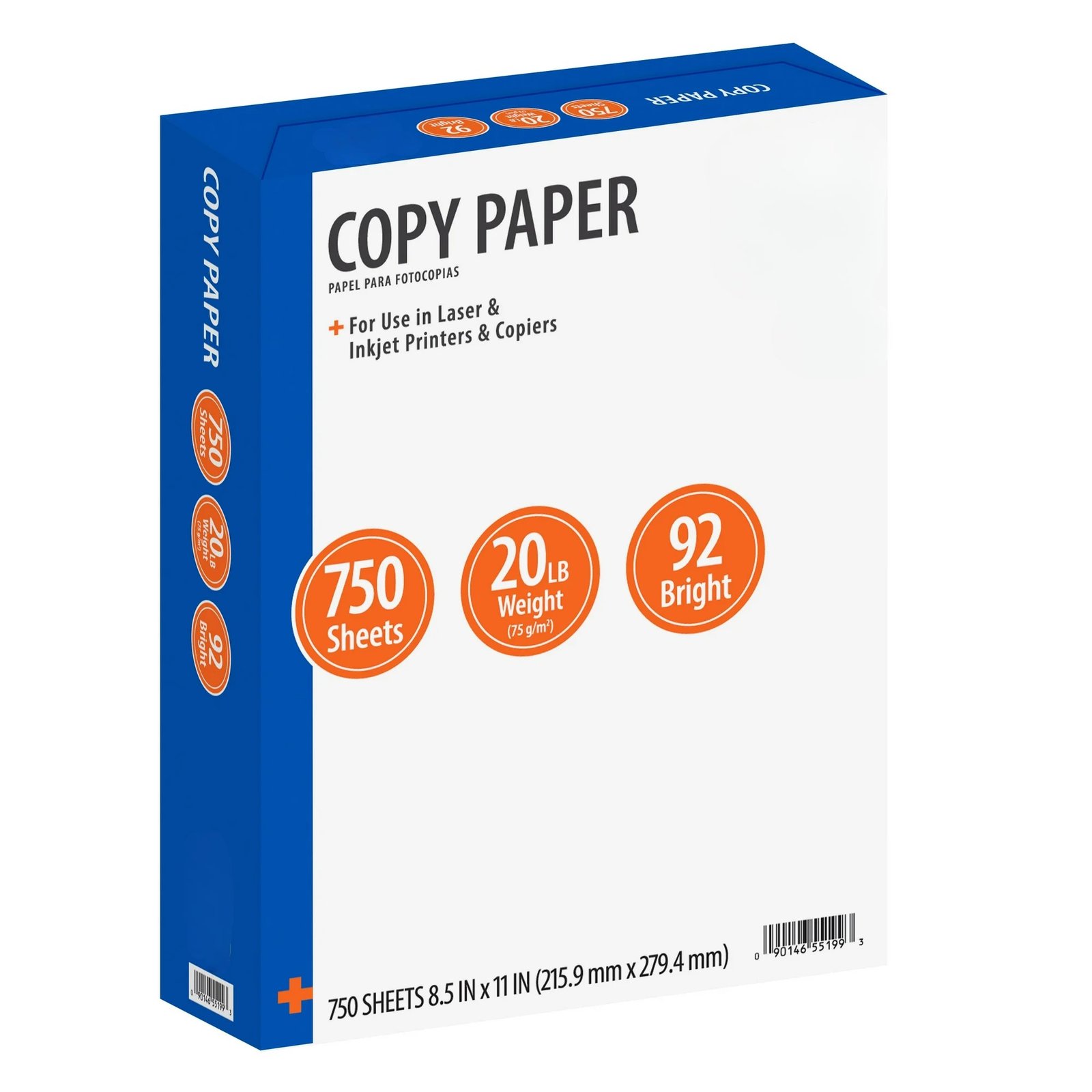Copy Paper, White, 8.5" x 11", 20 lb., 92 Bright, 1 Ream (750 Sheets)