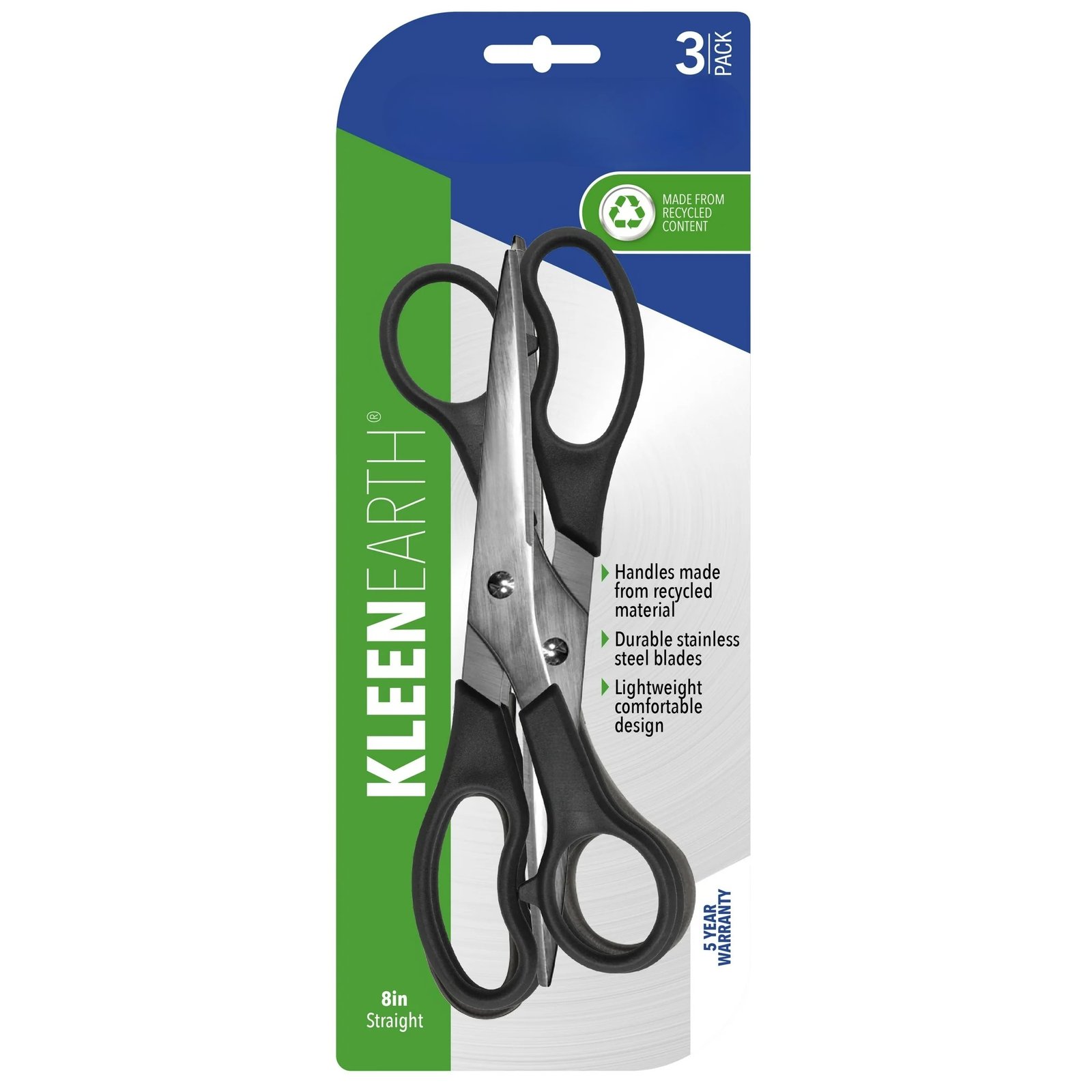 Kleen Earth Recycled Scissor, 8", Stainless Steel, Straight, 3 pack
