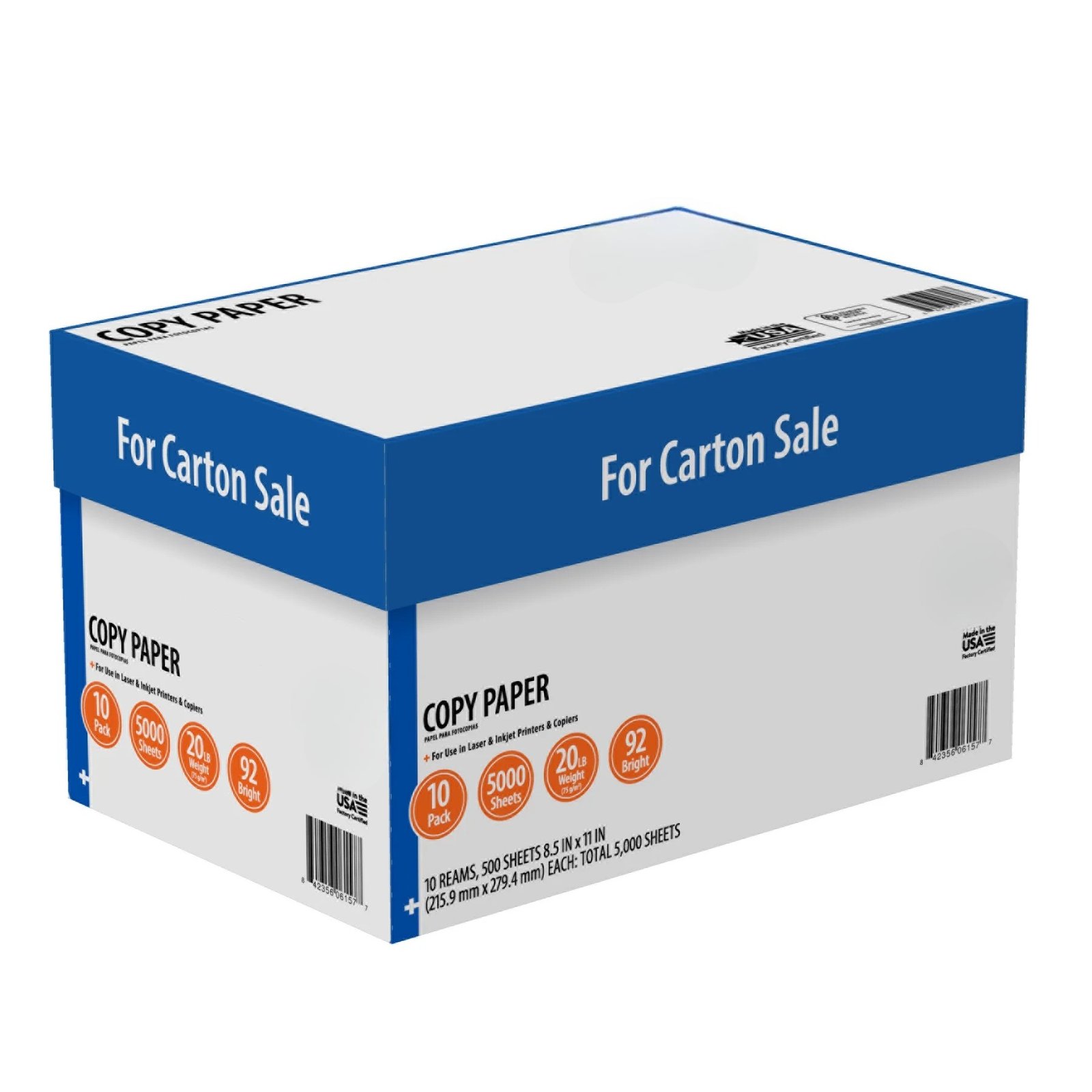 8.5" x 11", 92 Bright White, 20 lb., 10 Ream Case (5,000 Sheets)